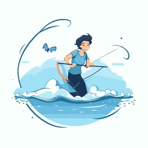 Kitesurfing. Vector illustration of a young woman riding a kite