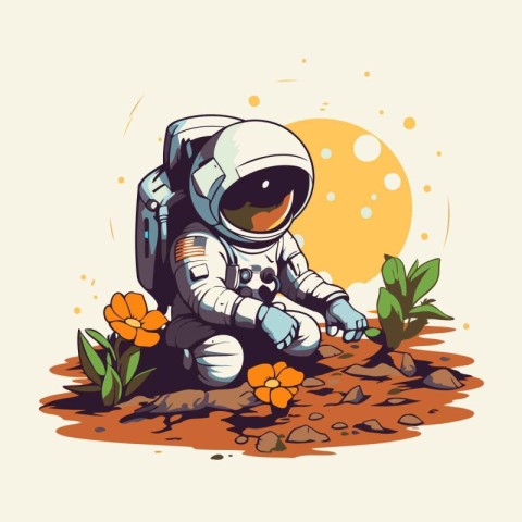 Astronaut sitting on the ground with flowers. Vector illustratio