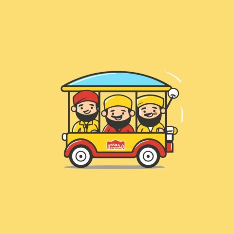 Vector illustration of two boys in the bus on a yellow backgroun