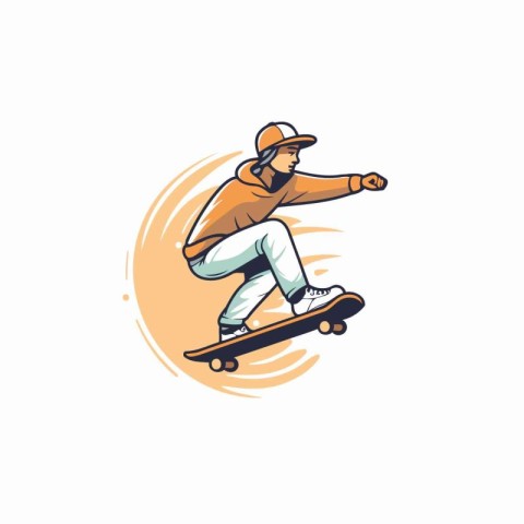 Skateboarder in helmet riding on skateboard. Extreme sport vecto