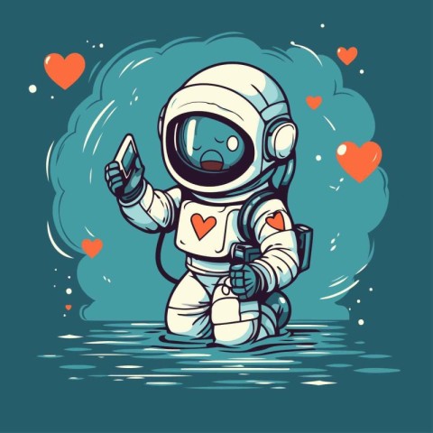 Astronaut in love on the background of hearts. Vector illustrati