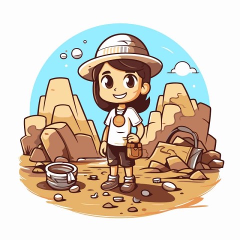 Cute little explorer girl in the desert. Vector cartoon illustra