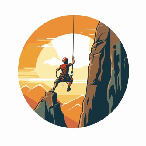 Rock climber climbing on a cliff. Vector illustration in retro s