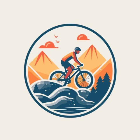 Mountain biker rides through the mountains. Vector illustration