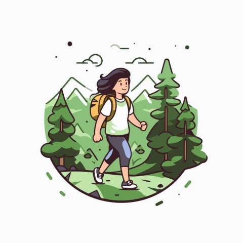 Vector illustration of a girl with a backpack walking in the for