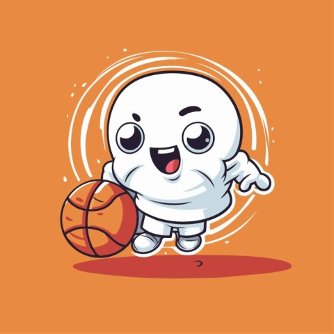 Cute white robot holding basketball ball on orange background. C