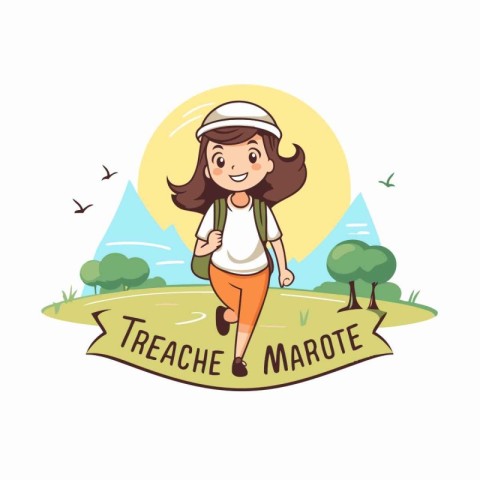 Cute girl with backpack running in the park. Vector illustration