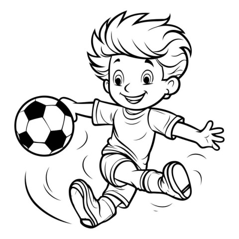 Boy Playing Soccer - Black and White Cartoon Illustration. Isola