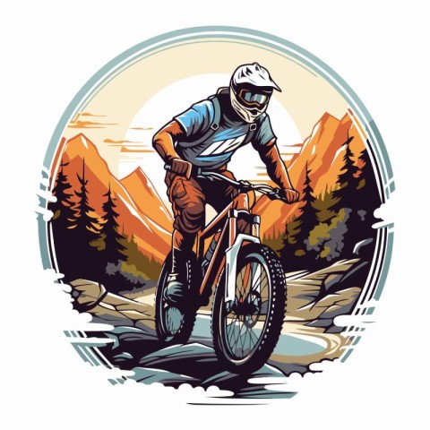 Mountain biker rides on the road in the mountains. Vector illust