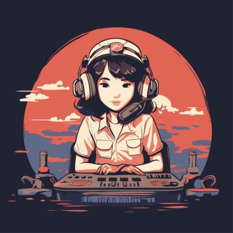 Vector illustration of a girl in a pilot suit and headphones pla