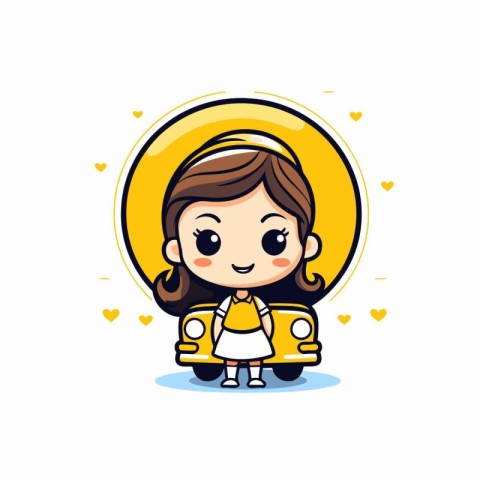 Cute little girl in school uniform with yellow car. Vector illus