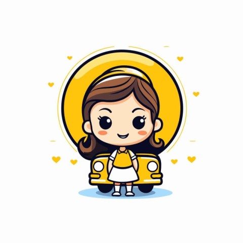 Cute little girl in school uniform with yellow car. Vector illus