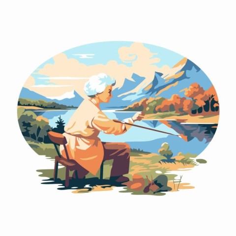 Elderly woman fishing on lake. Vector illustration in cartoon st