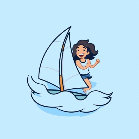 Cartoon girl sailing on a sailboat isolated on blue background.