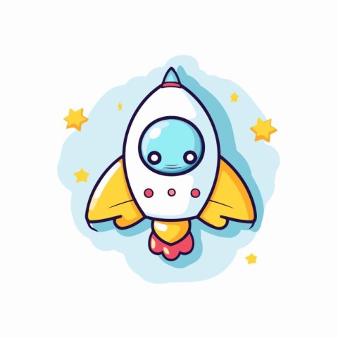 Cute cartoon space rocket. Isolated on white background. Vector