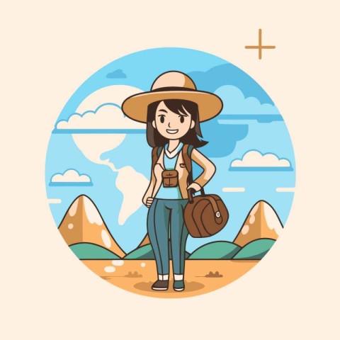 Tourist girl in a hat with a backpack. Vector illustration.