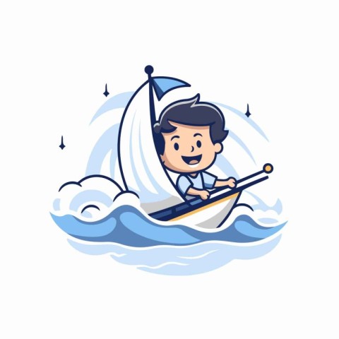 Boy in a boat on the waves. Vector illustration on white backgro