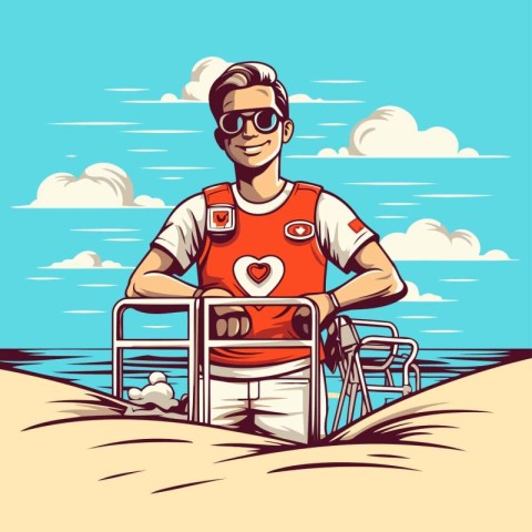 Man with a suitcase on the beach. Vector illustration in retro s