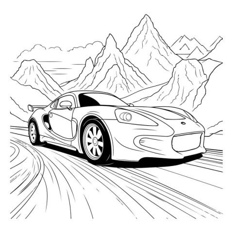 Sketch of a sports car in the mountains. Vector illustration