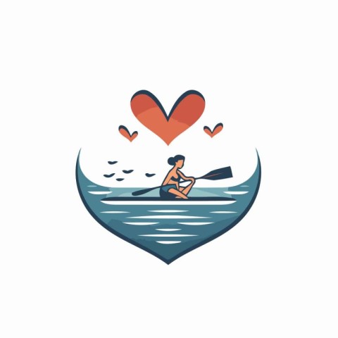 Love kayaking vector logo design template. Man in a canoe with a