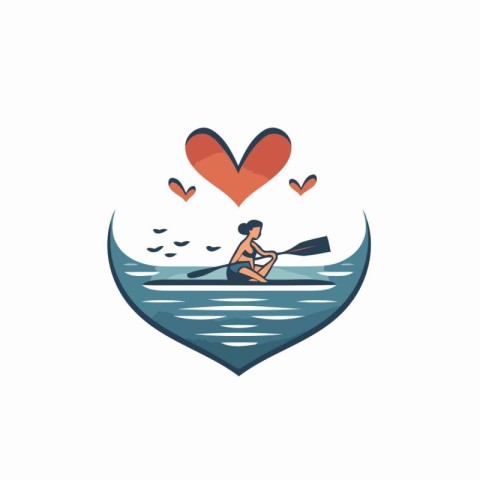 Love kayaking vector logo design template. Man in a canoe with a