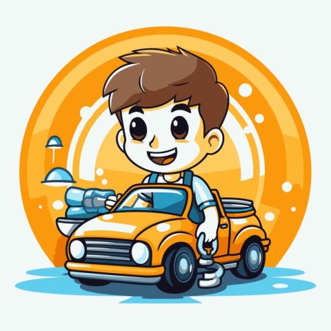 Cute boy driving a car in the city. Vector illustration.