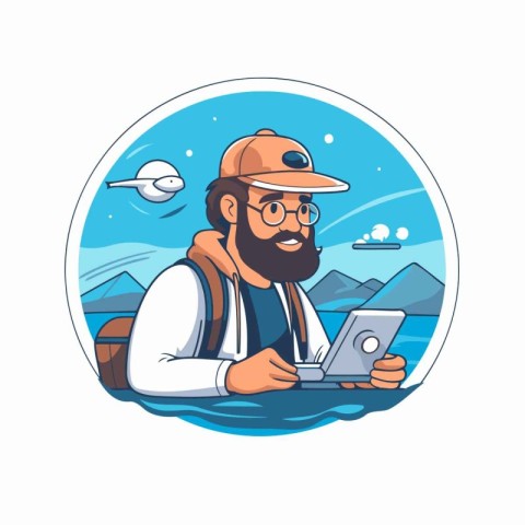 Hipster traveler with laptop. Vector illustration in cartoon sty