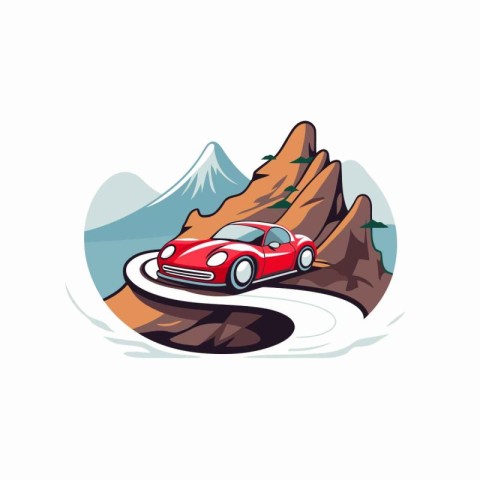 Car on the road in the mountains. Vector illustration in flat st