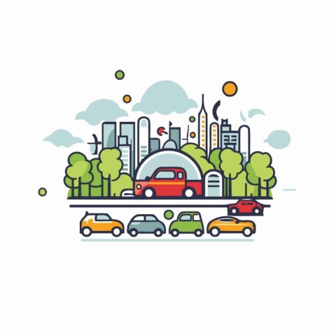 City landscape with cars. trees and skyscrapers. Vector illustra