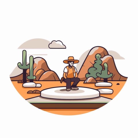 Vector illustration of a man in a cowboy hat sitting on a rock i