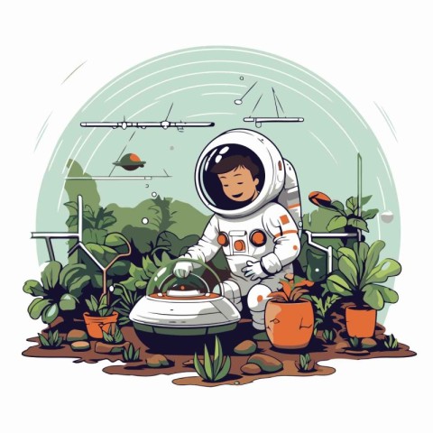 Astronaut in the field. Vector illustration of a cartoon charact