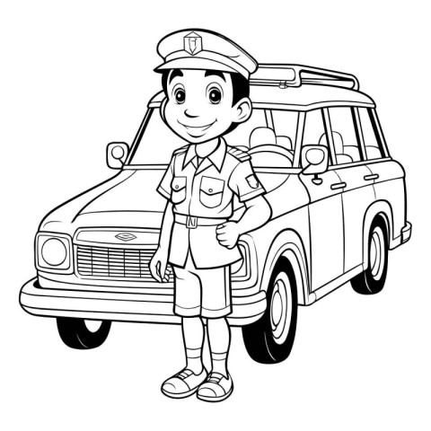 Black and white illustration of a boy in a police uniform standi