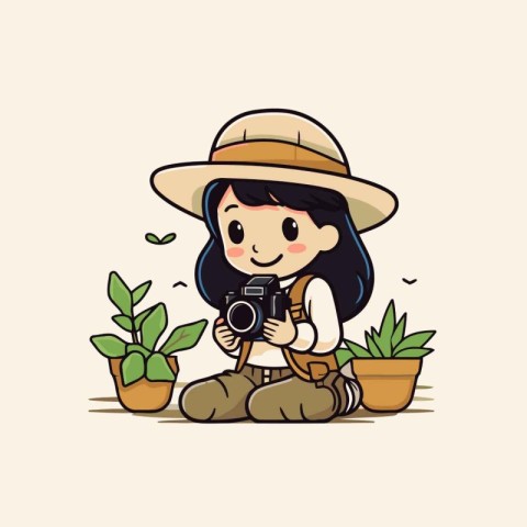 Cute girl with camera and plant. Vector flat cartoon illustratio