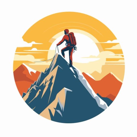 Mountaineer on top of a mountain. Vector illustration in retro s