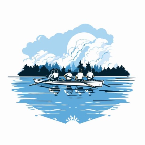 Group of people rowing on the lake. Vector Illustration.