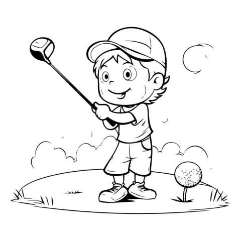 Golfer - Black and White Cartoon Illustration of a Little Boy Pl