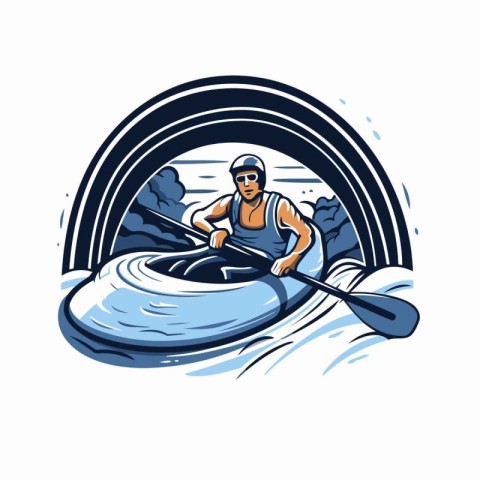 Man paddling a kayak on the river. Vector illustration.