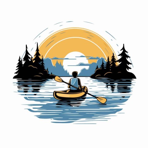 Kayaking in the lake. Vector illustration on a white background.