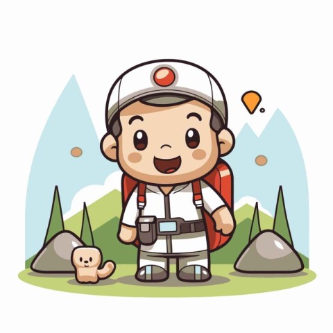 cute boy hiker with backpack and helmet cartoon vector illustrat