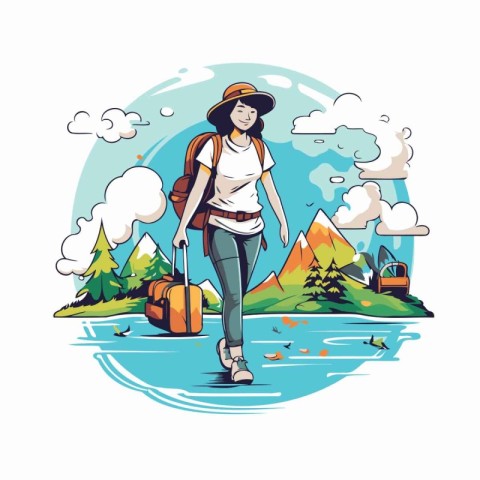 Young woman hiker with travel bag and backpack in nature vector