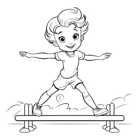 Black and White Cartoon Illustration of Little Boy Jumping on a