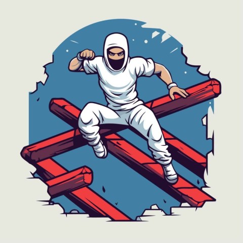 Cricket player breaking through the wall. Cartoon vector illustr