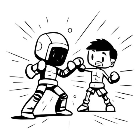 Astronaut boxing. Black and white vector illustration in doodle