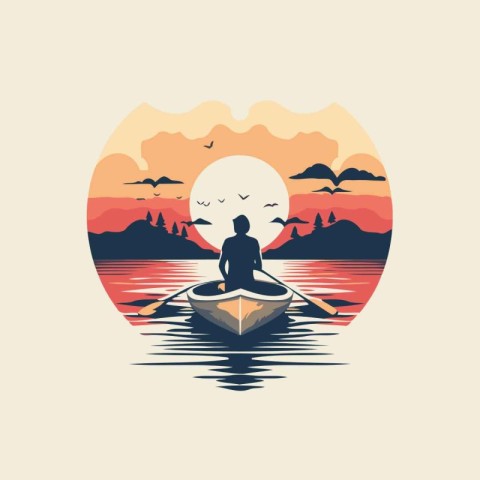 Silhouette of a man rowing in a boat on the lake. Vector illustr