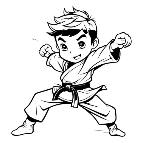 Karate Boy - Black and White Cartoon Illustration. Vector Art