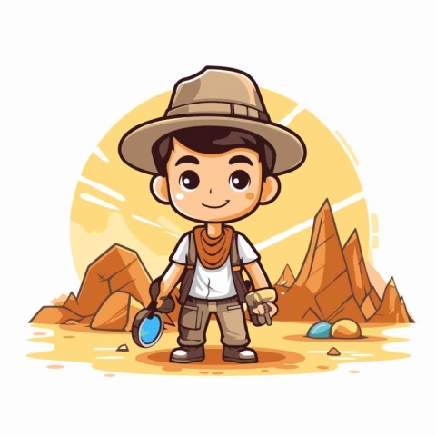 Boy with a magnifying glass in the desert. Vector illustration.