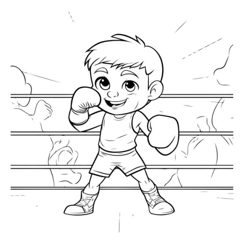 Little boxer boy in boxing gloves. Black and white vector illust