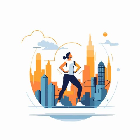 Fitness woman running in the city. Vector illustration in flat s