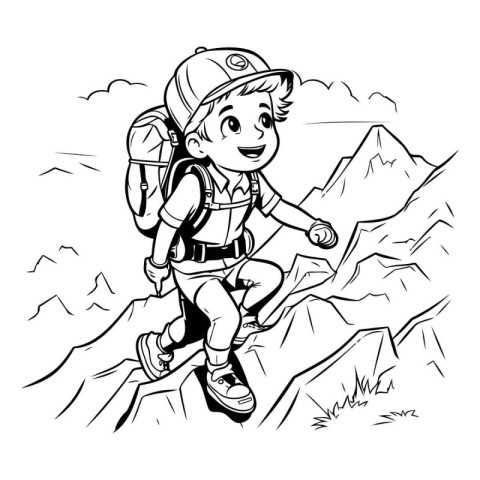 Hiker boy climbing on the mountain. black and white vector illus