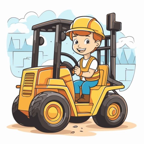 Cartoon little boy driving a forklift. Vector illustration of a